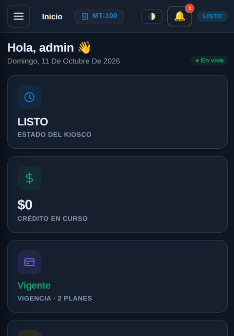 Panel MT100 en el celular: estado del kiosco, crédito, vigencia y módulos